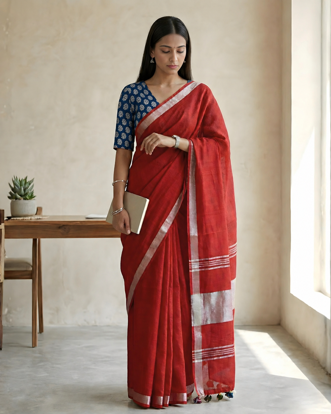 Rose Red Pure Linen Saree With Handblock Printed Blouse Piece