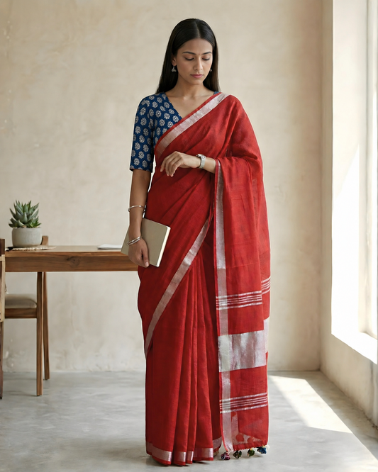Rose Red Pure Linen Saree With Handblock Printed Blouse Piece