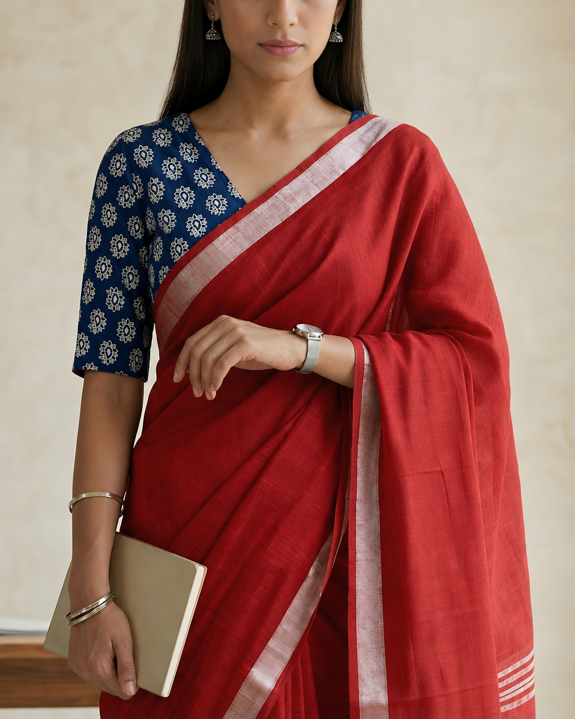Rose Red Pure Linen Saree With Handblock Printed Blouse Piece