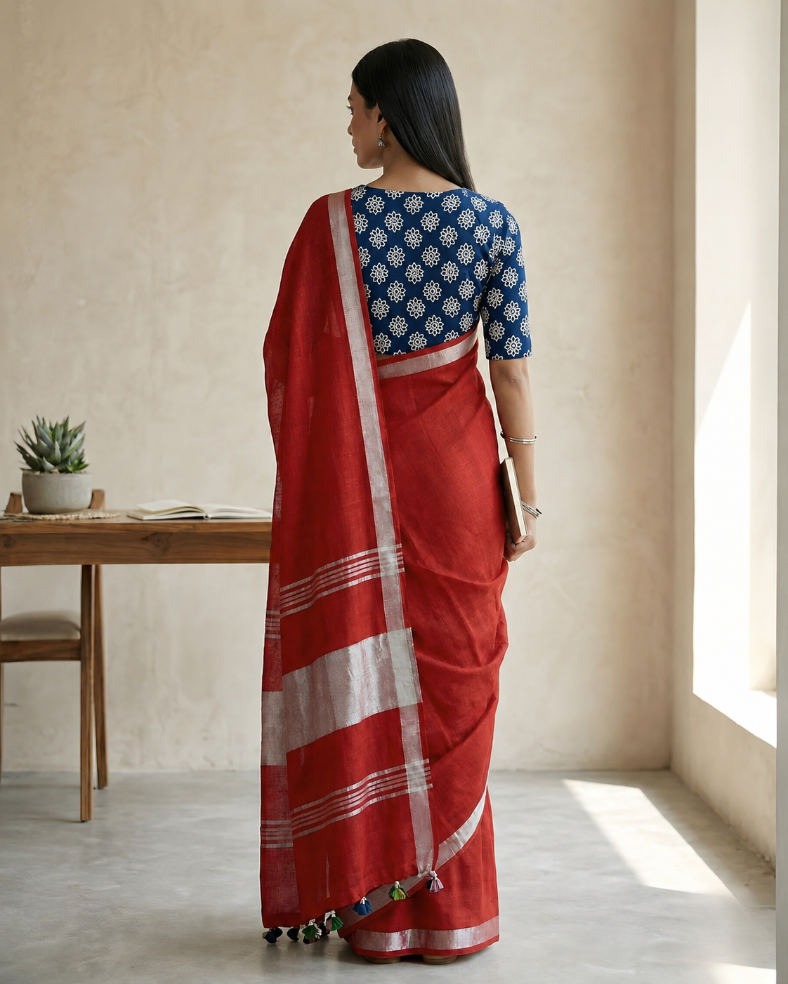 Rose Red Pure Linen Saree With Handblock Printed Blouse Piece
