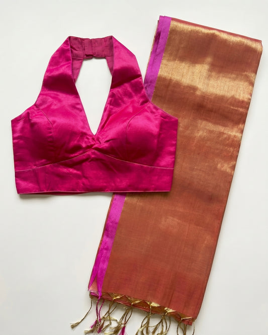 Rust Pink Raga Tissue Saree + Pink Gajji Silk Blouse Combo