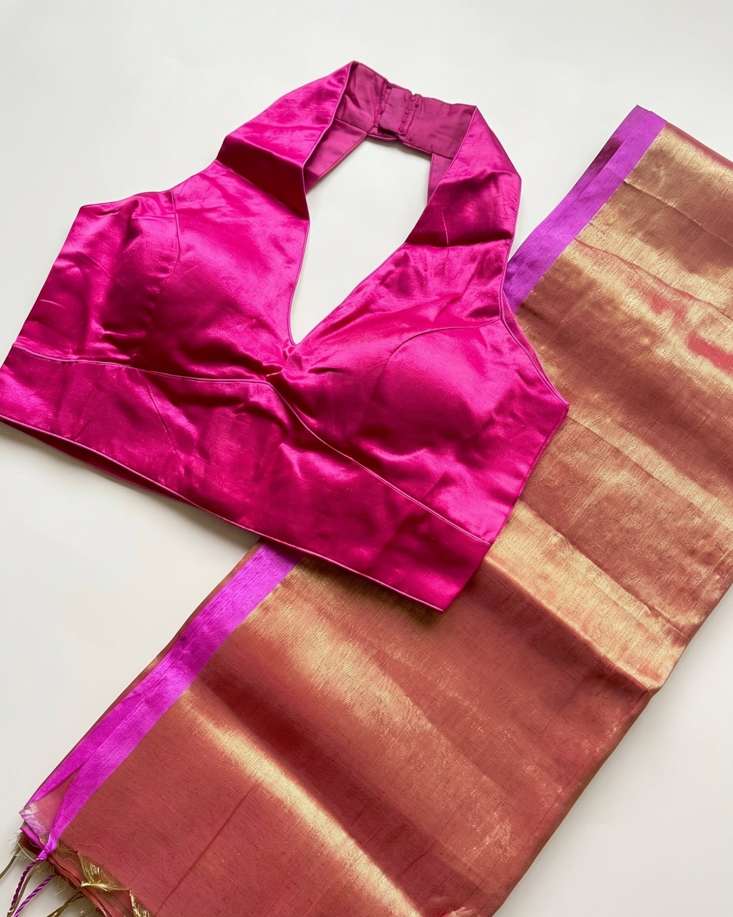 Rust Pink Raga Tissue Saree + Pink Gajji Silk Blouse Combo