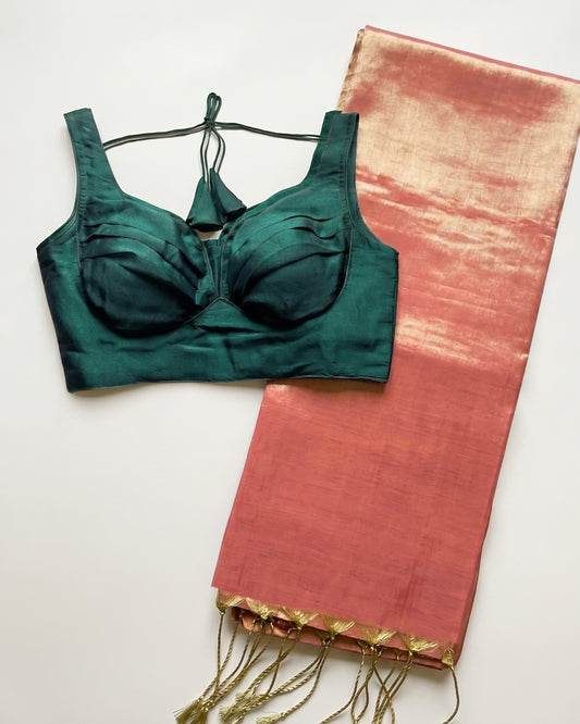 Rust Raga Tissue Saree + Bottle Green Fendi Silk Blouse Combo