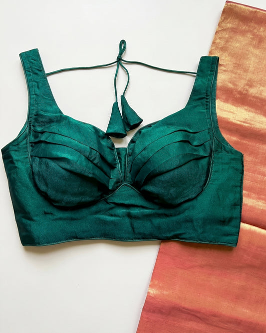 Rust Raga Tissue Saree + Bottle Green Fendi Silk Blouse Combo