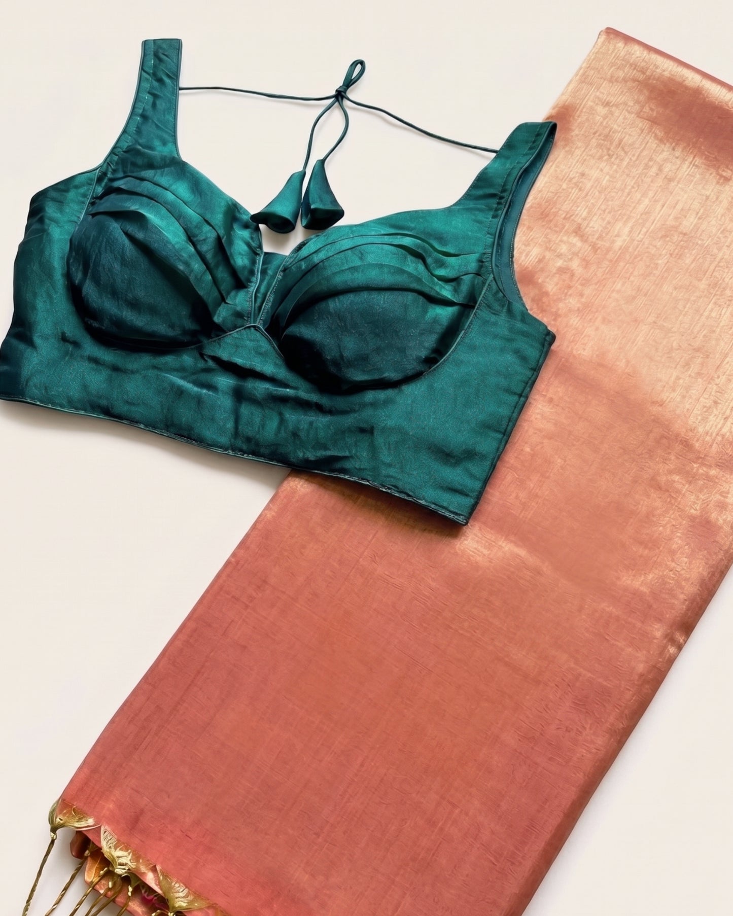 Rust Raga Tissue Saree + Bottle Green Fendi Silk Blouse Combo