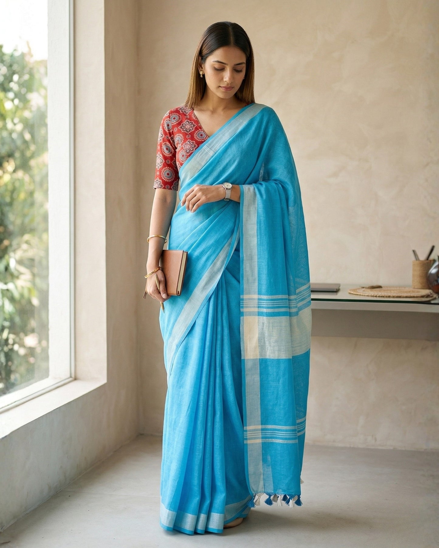 Sky Blue Pure Linen Saree With Handblock Printed Blouse Piece