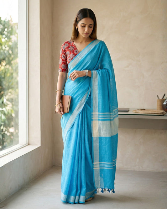 Sky Blue Pure Linen Saree With Handblock Printed Blouse Piece