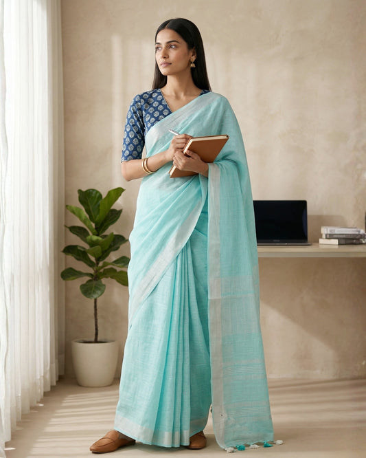 Soft Teal Pure Linen Saree With Handblock Printed Blouse Piece