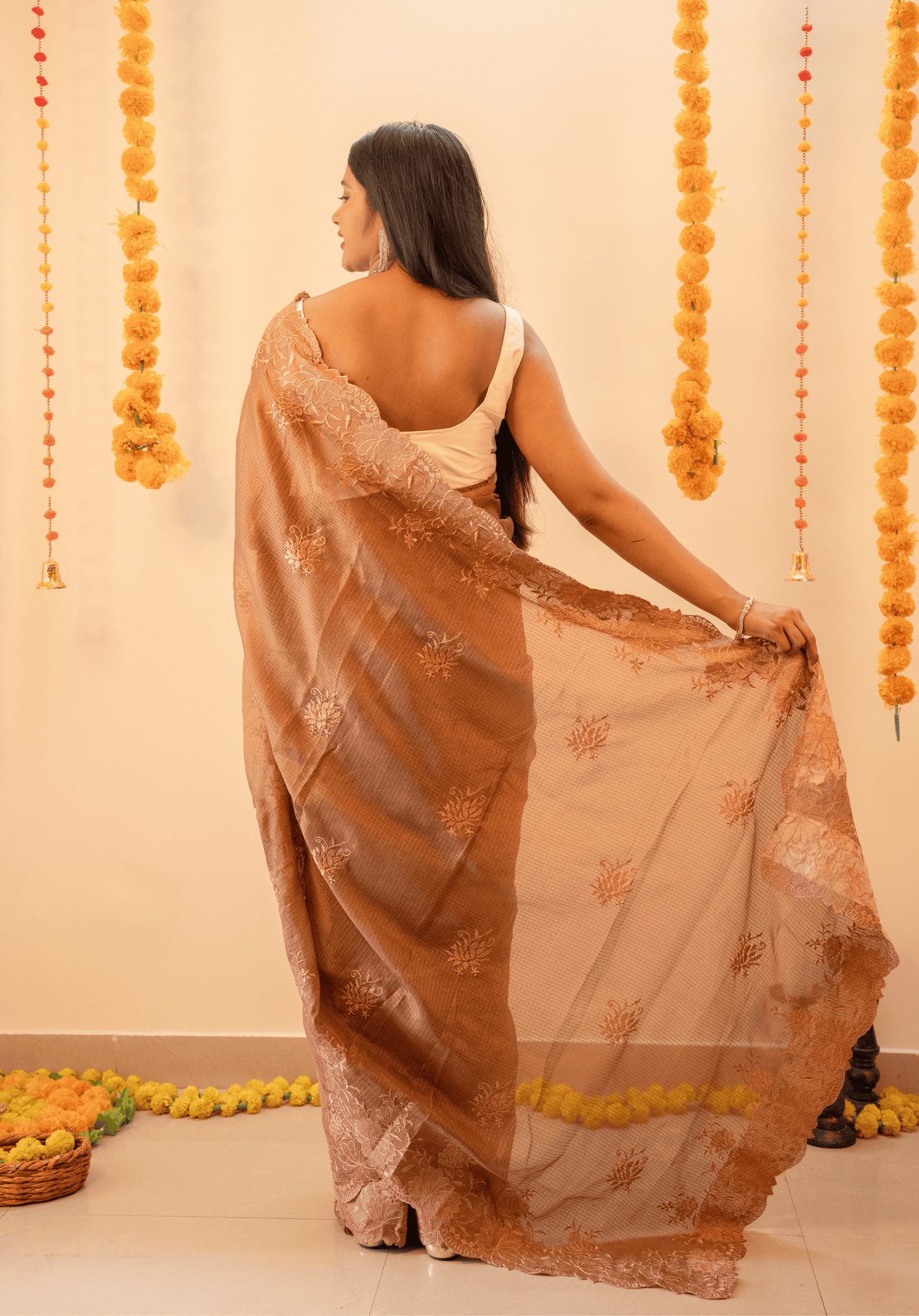 Mocha Brown Cutwork Kota Doria Saree