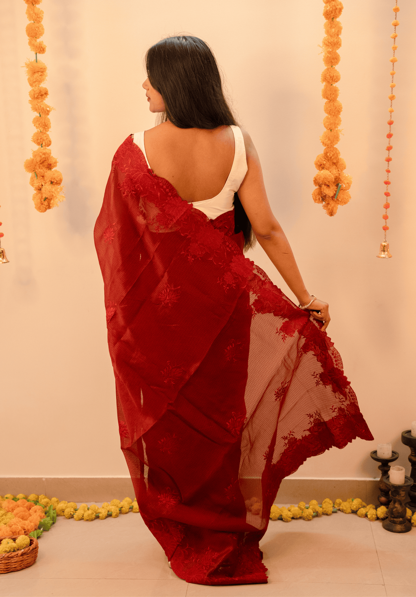Maroon Cutwork Kota Doria Saree