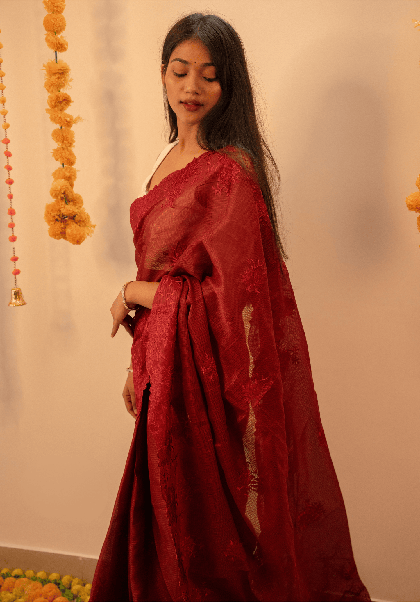 Maroon Cutwork Kota Doria Saree