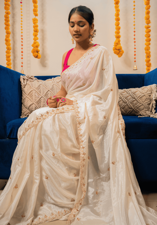 Ivory Chinon Saree With Embroidery
