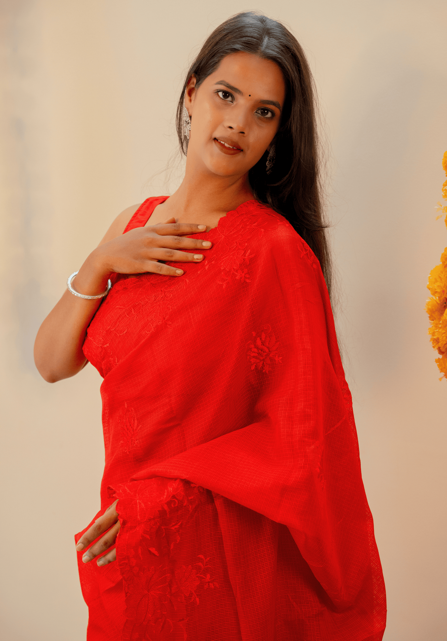 Red Cutwork Kota Doria Saree