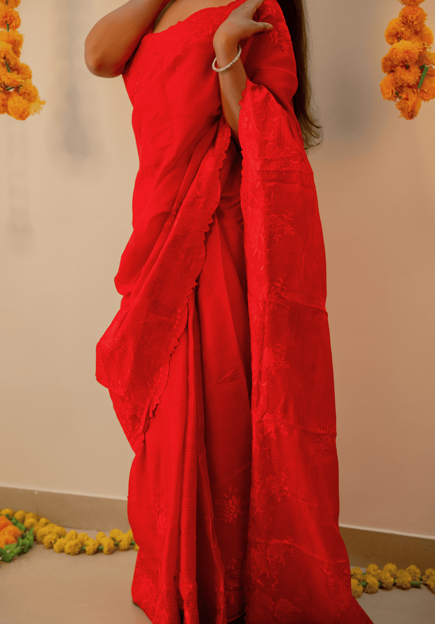 Red Cutwork Kota Doria Saree