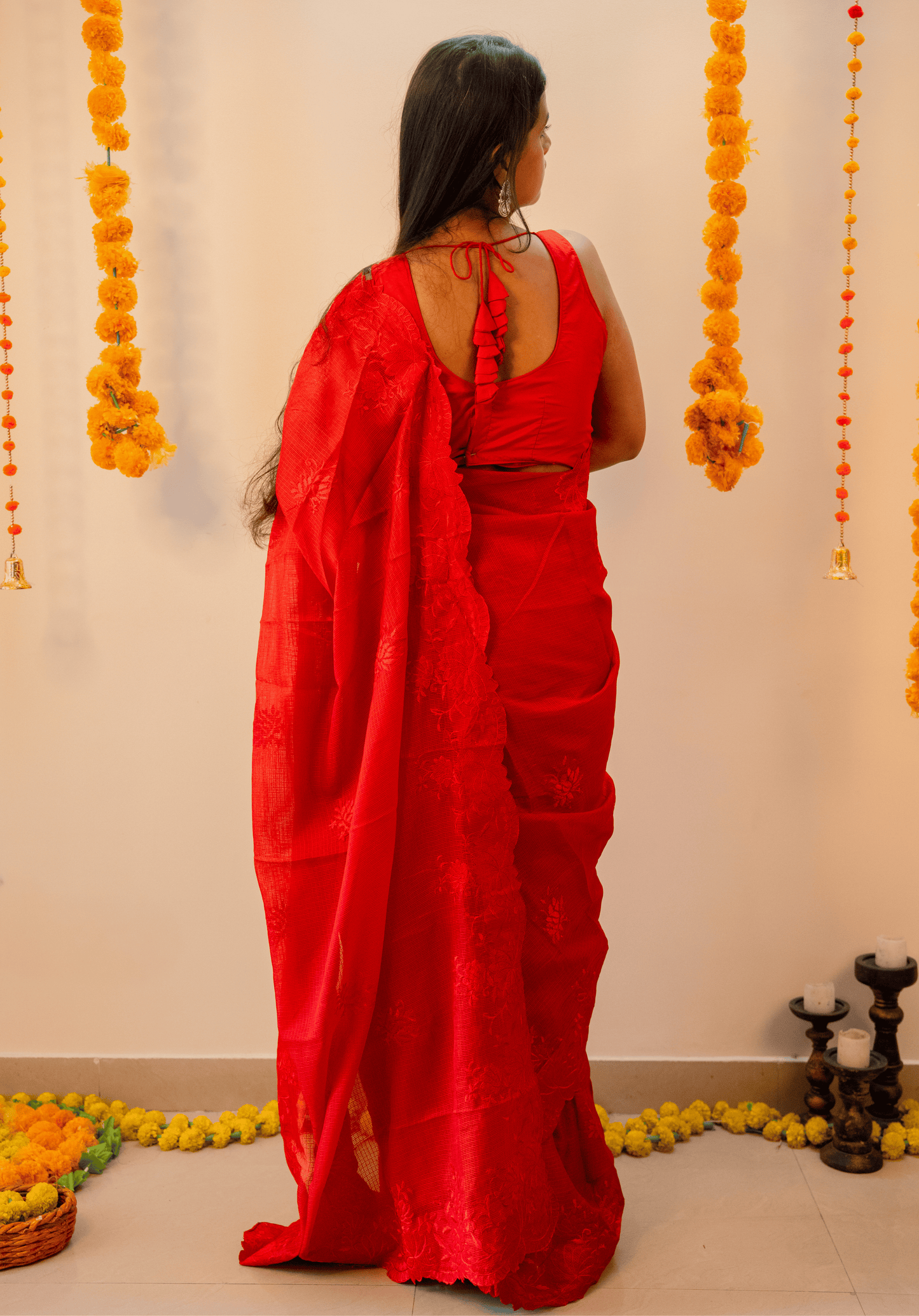 Red Cutwork Kota Doria Saree