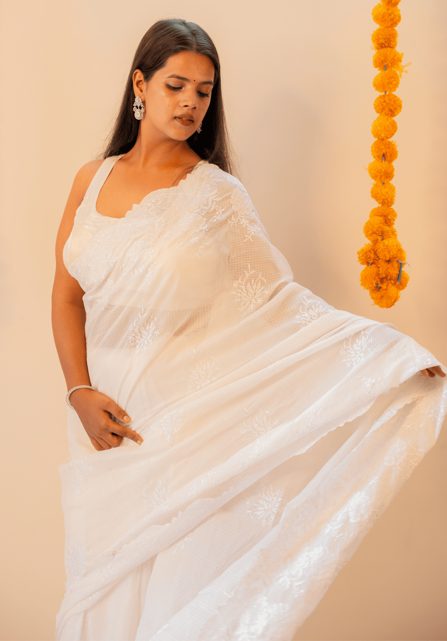 Ivory Cutwork Kota Doria Saree