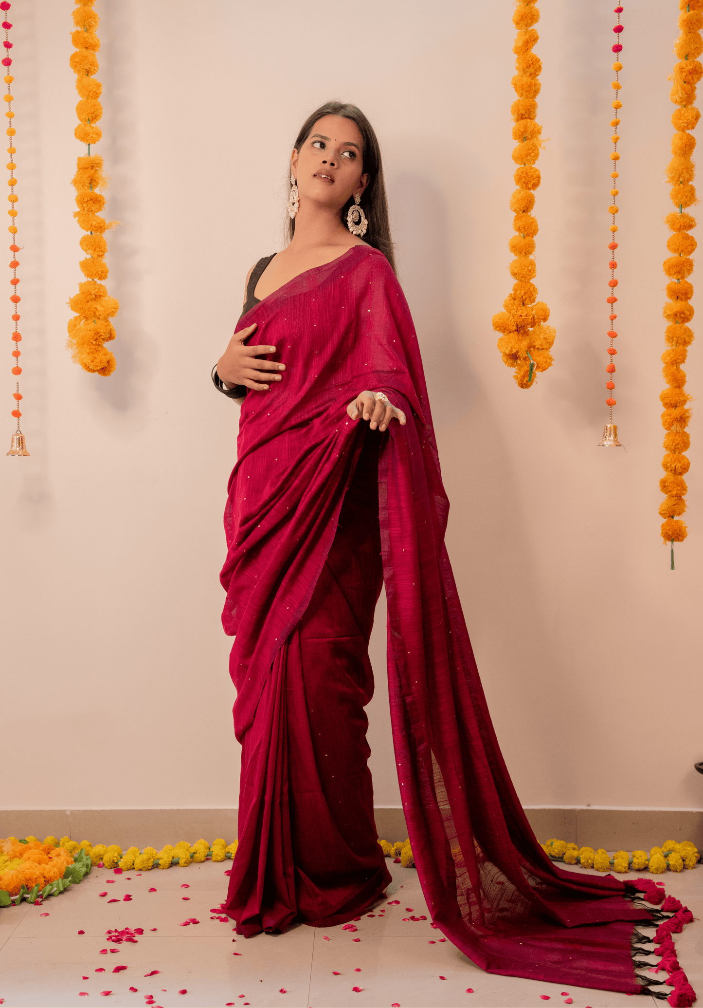 Pink Soft Cotton Sequins Saree