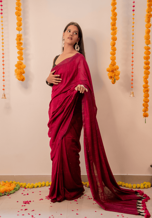Pink Soft Cotton Sequins Saree