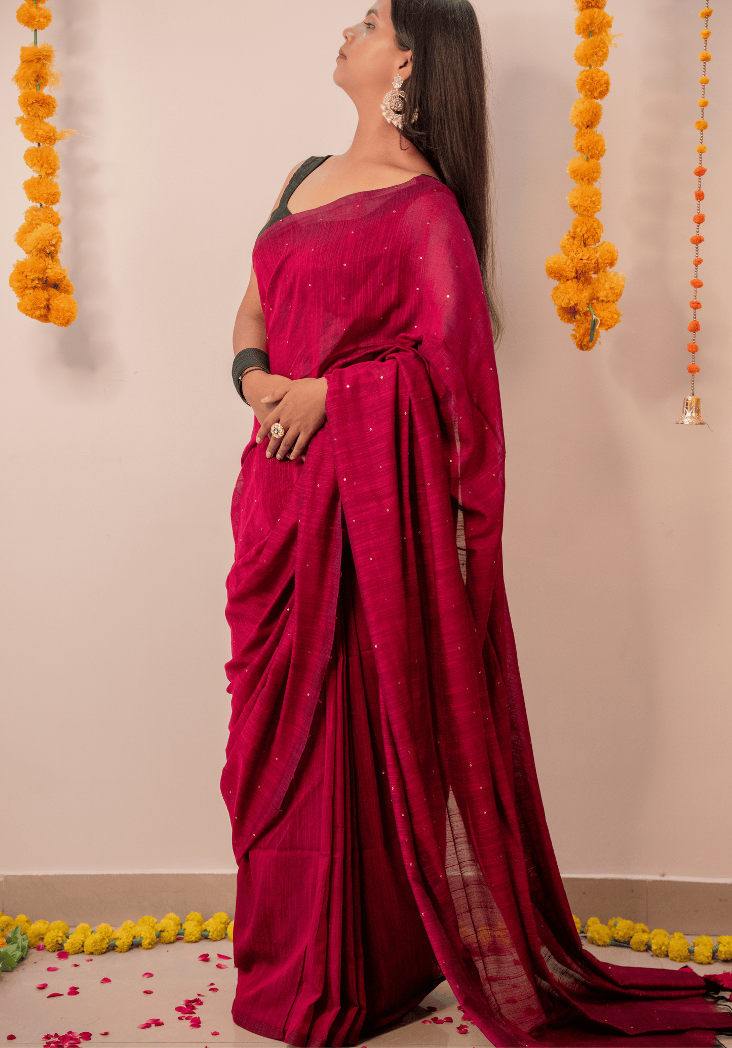 Pink Soft Cotton Sequins Saree