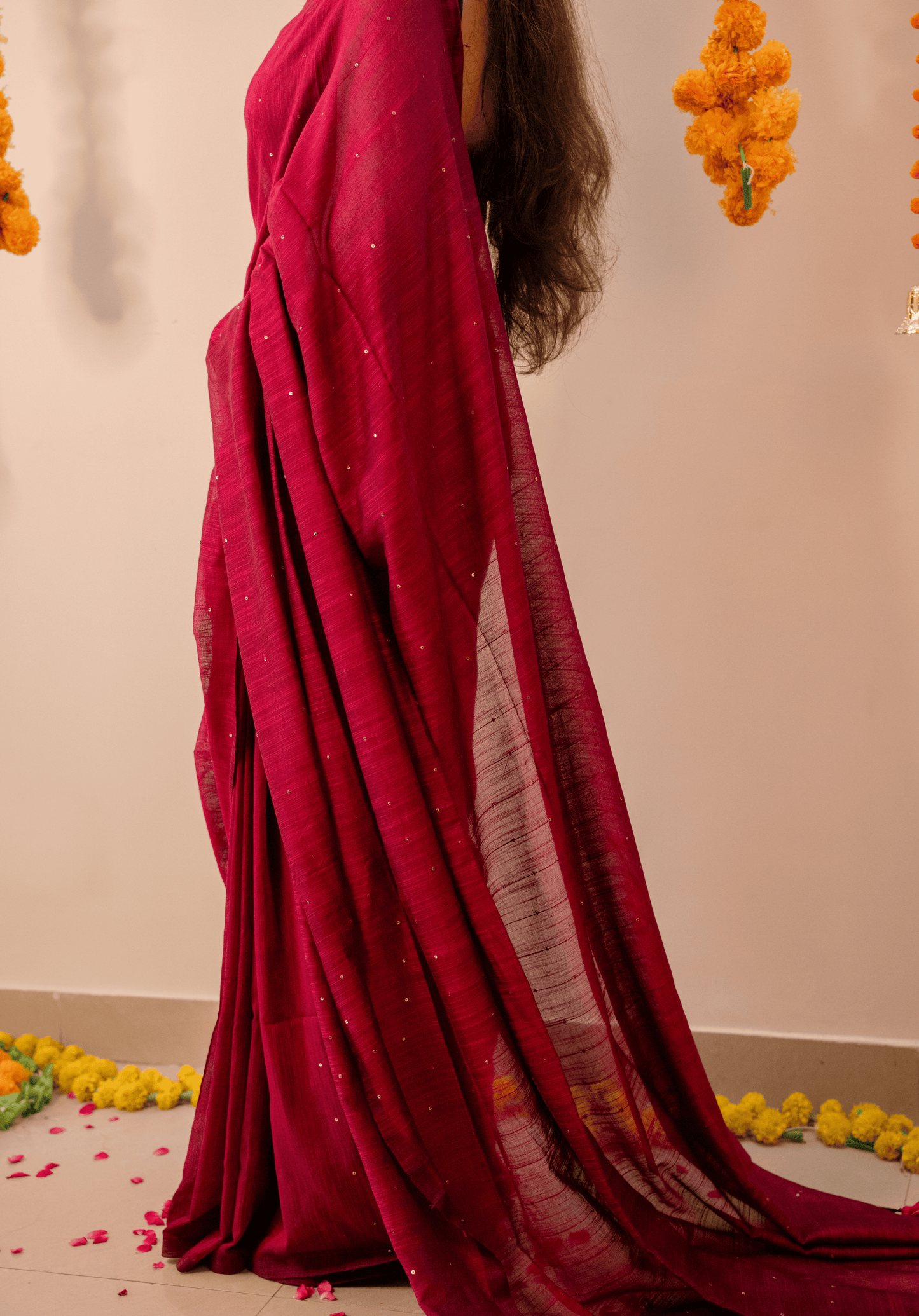 Pink Soft Cotton Sequins Saree