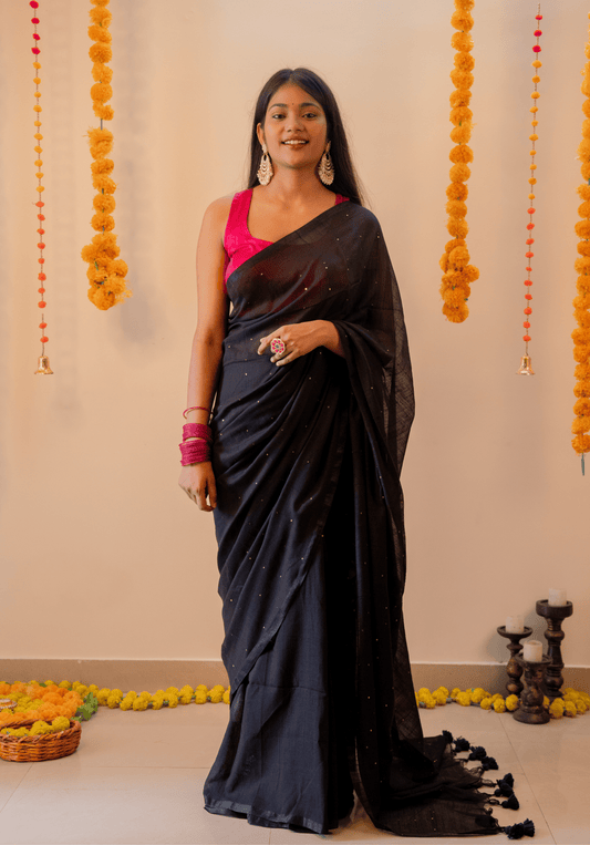 Black Soft Cotton Sequins Saree