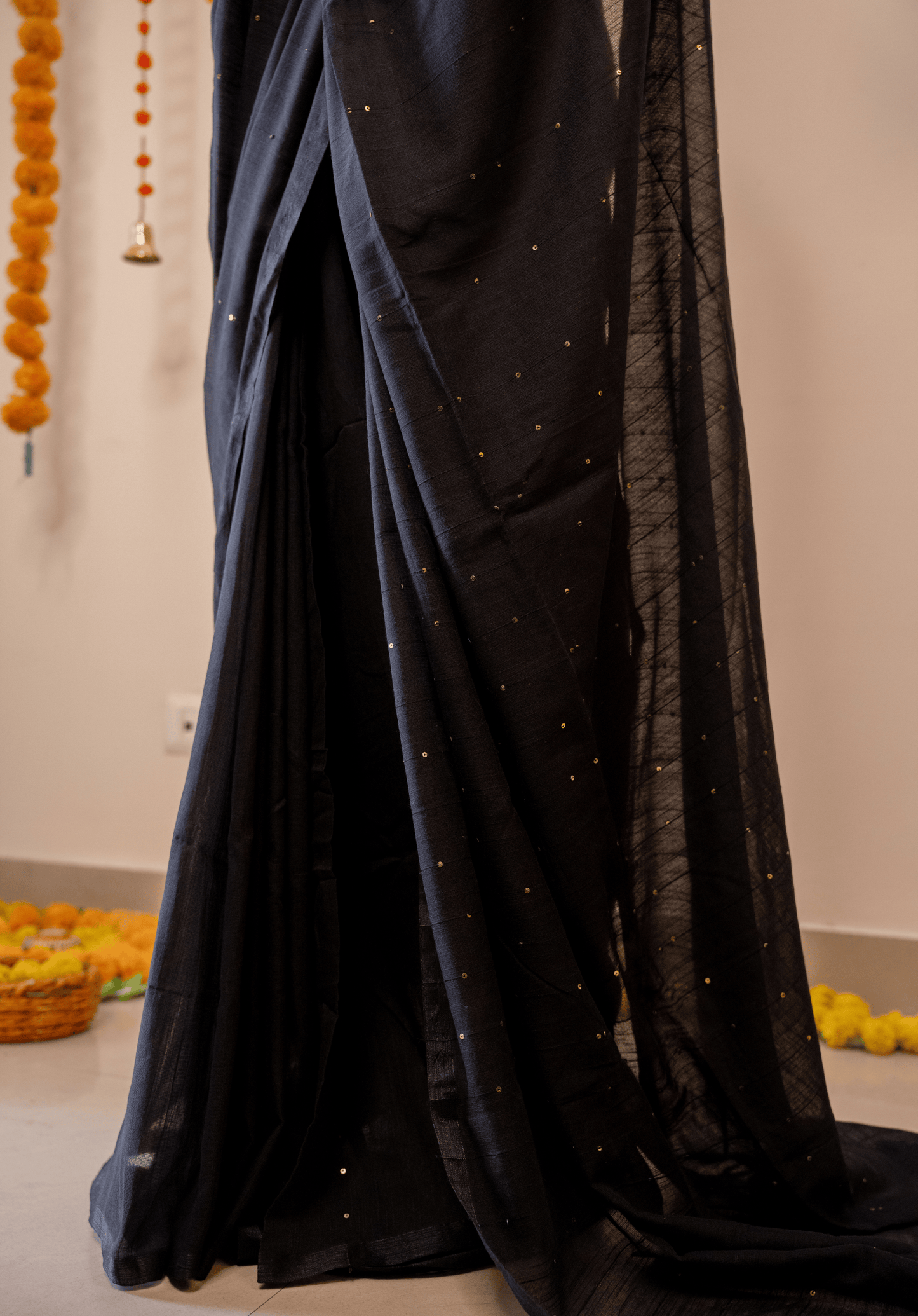 Black Soft Cotton Sequins Saree