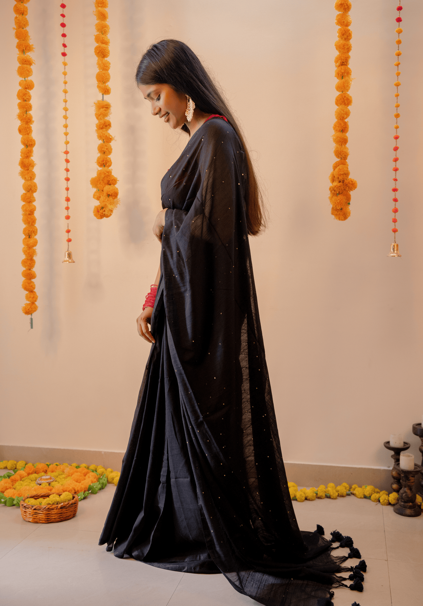 Black Soft Cotton Sequins Saree