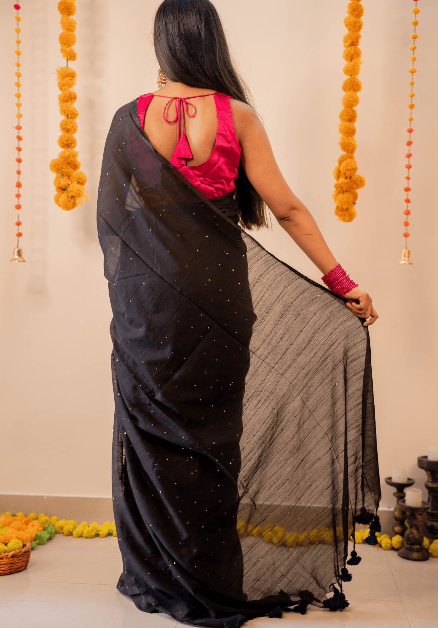 Black Soft Cotton Sequins Saree