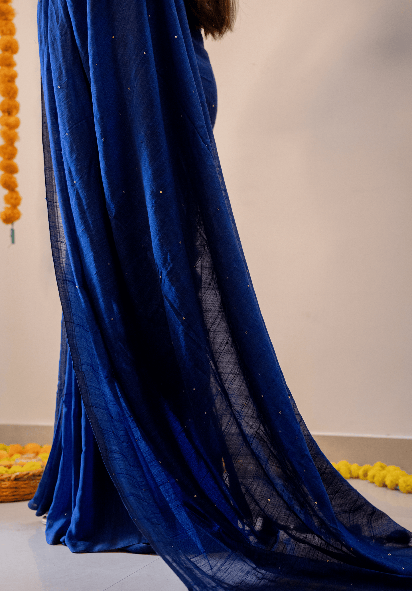 Electric Blue Soft Cotton Sequins Saree