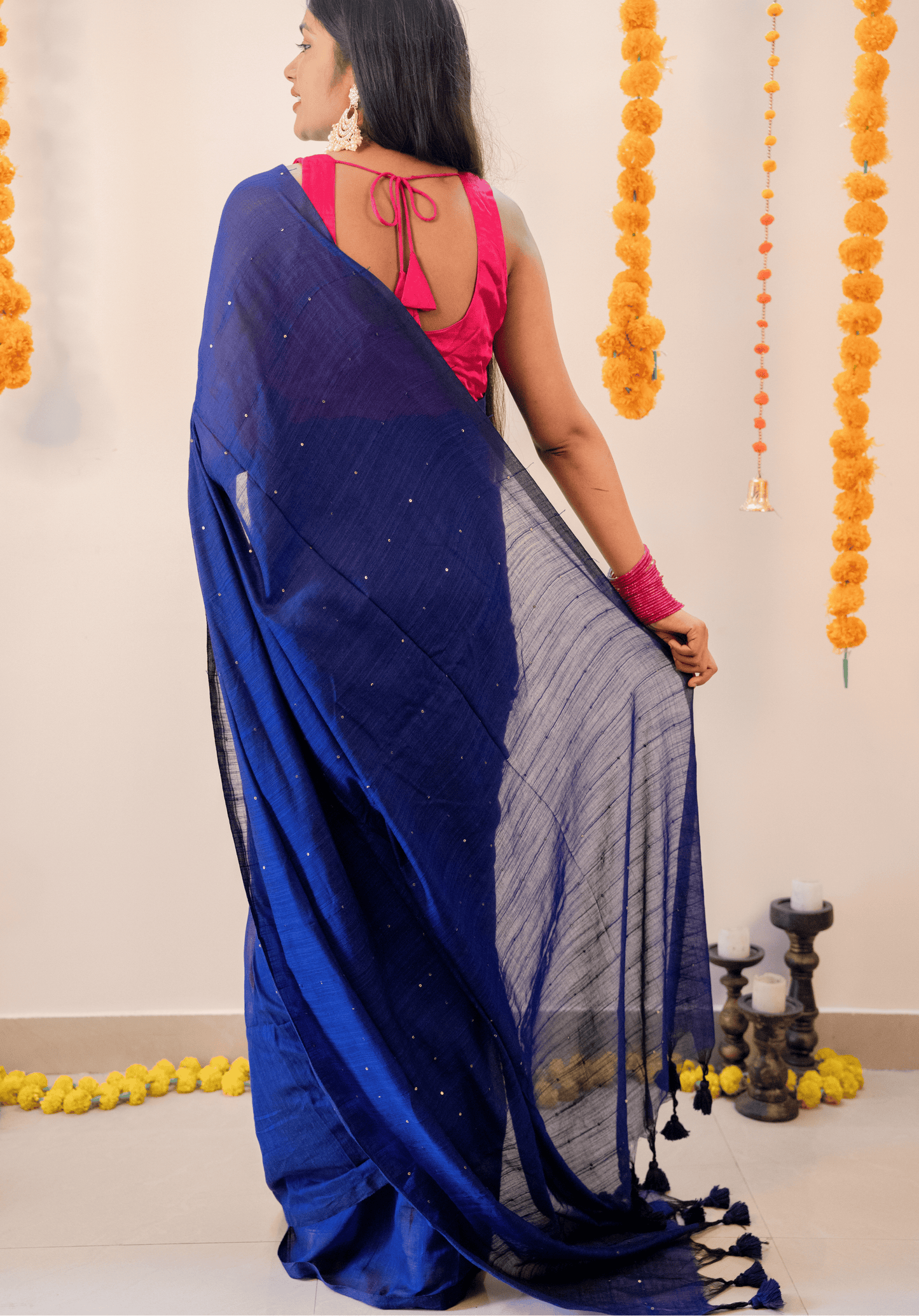 Electric Blue Soft Cotton Sequins Saree