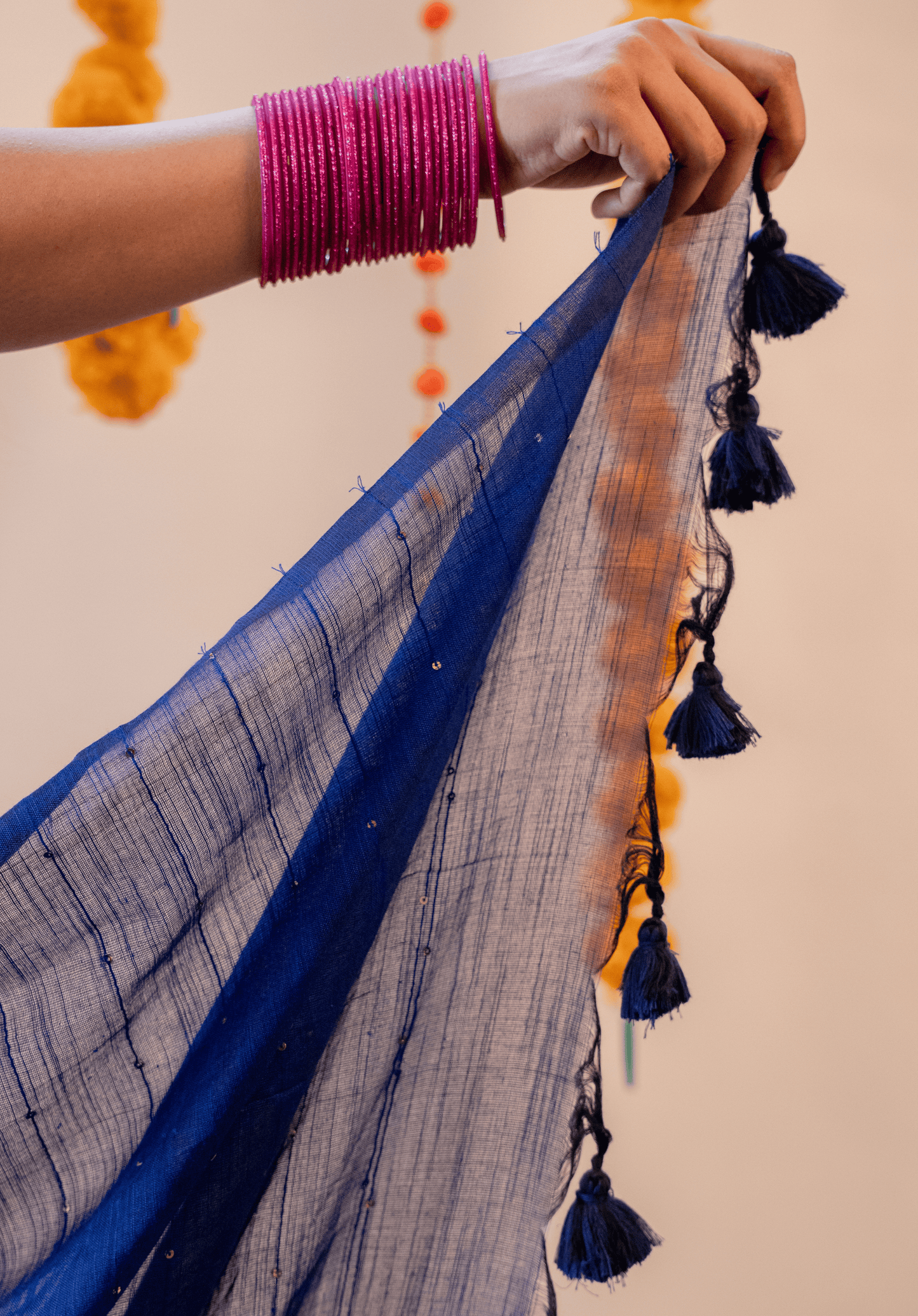 Electric Blue Soft Cotton Sequins Saree