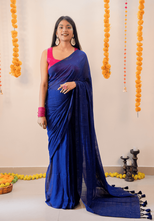 Electric Blue Soft Cotton Sequins Saree
