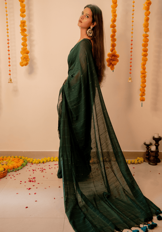 Bottle Green Soft Cotton Sequins Saree