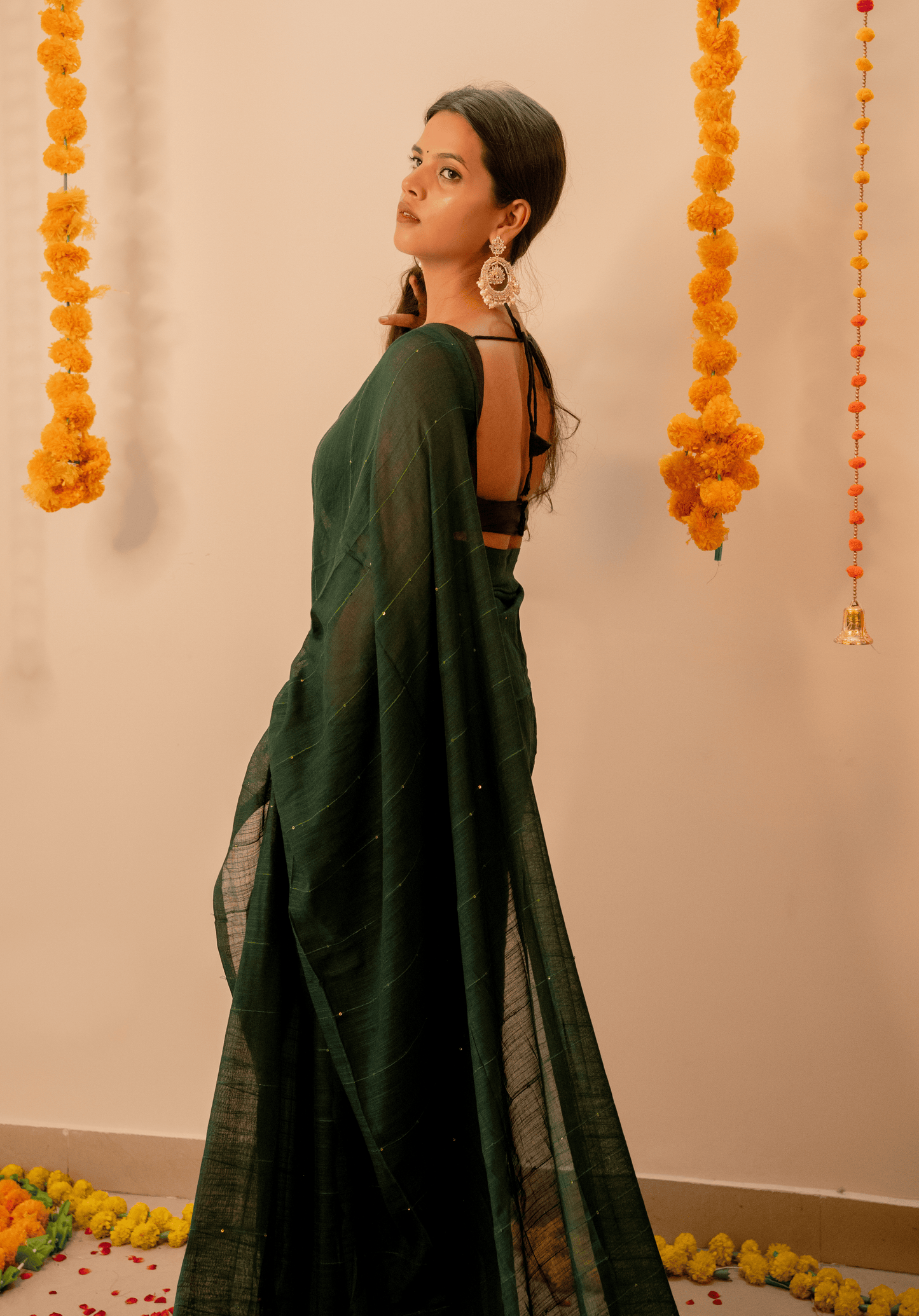 Bottle Green Soft Cotton Sequins Saree