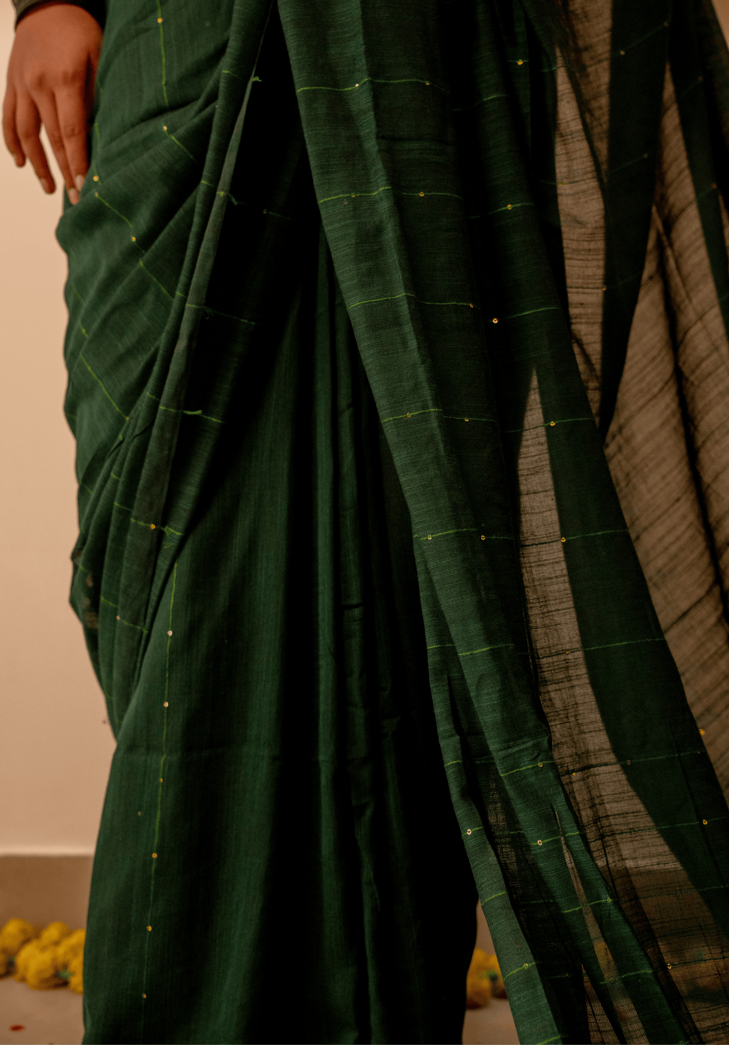 Bottle Green Soft Cotton Sequins Saree