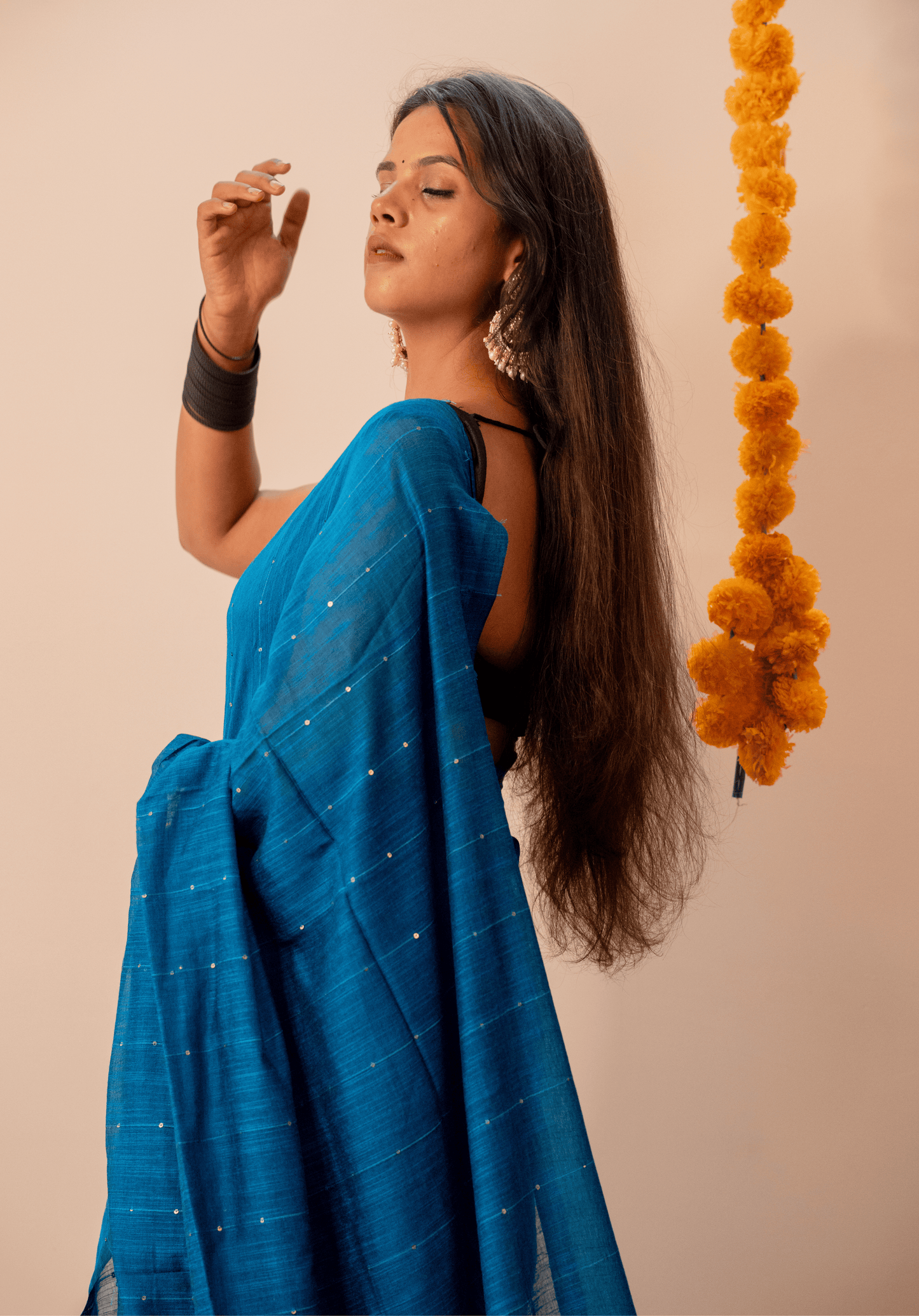 Blue Soft Cotton Sequins Saree