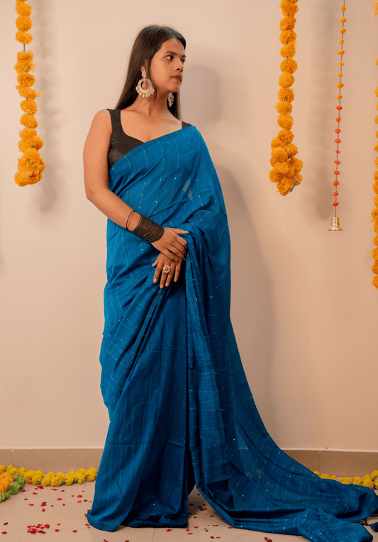 Blue Soft Cotton Sequins Saree