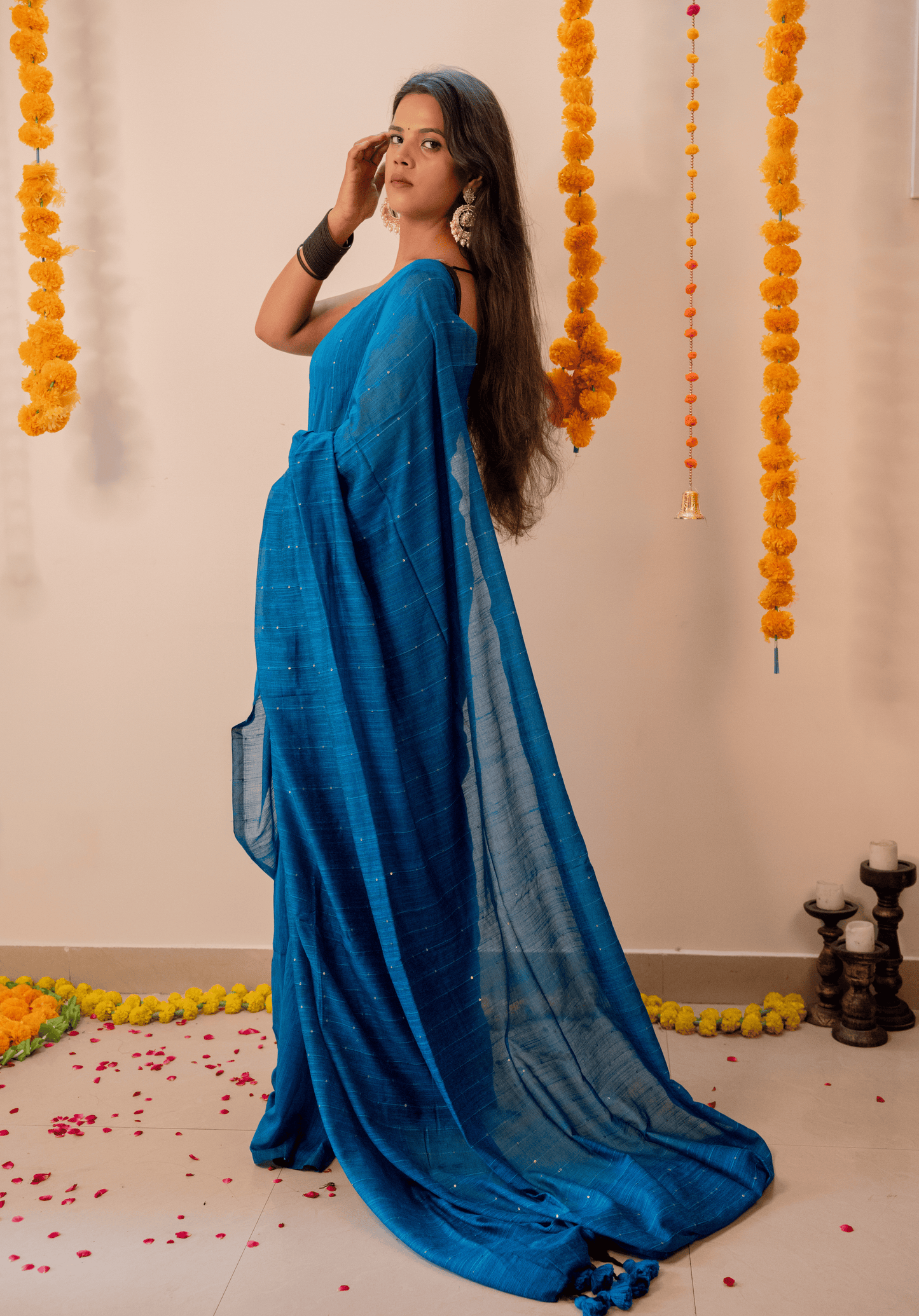 Blue Soft Cotton Sequins Saree