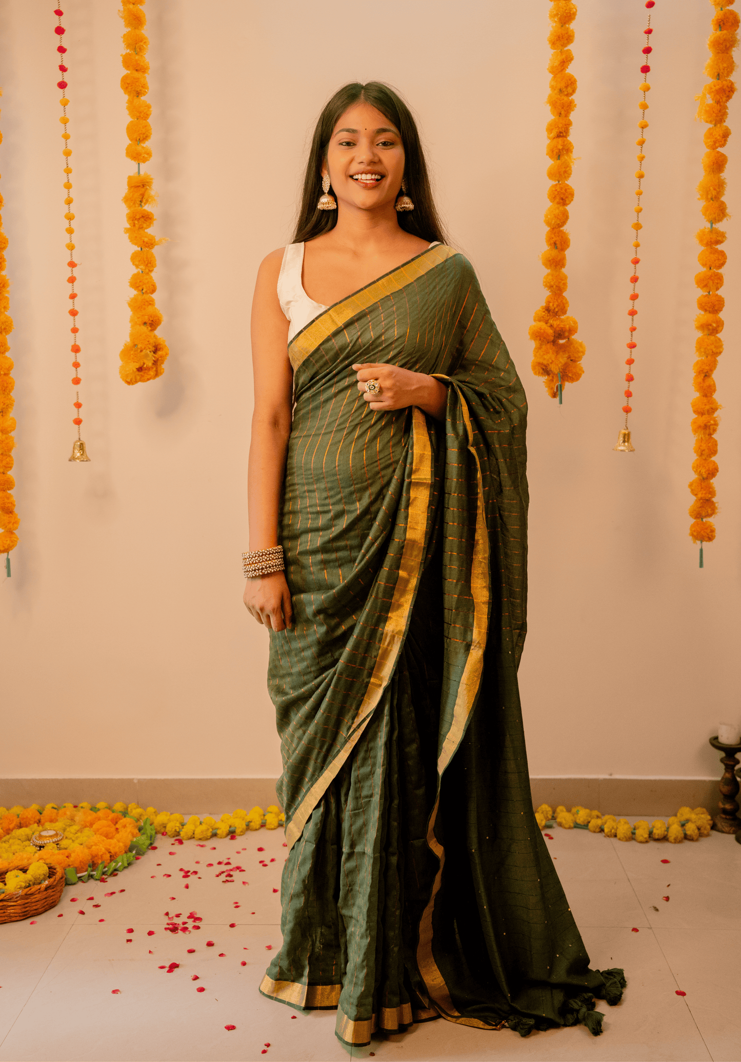 Mehendi Green Soft Cotton Sequins Saree With Zari Border