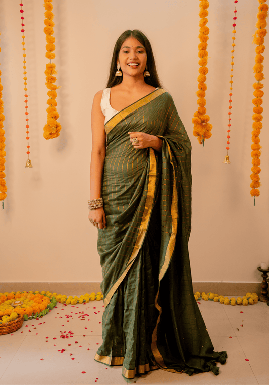 Mehendi Green Soft Cotton Sequins Saree With Zari Border