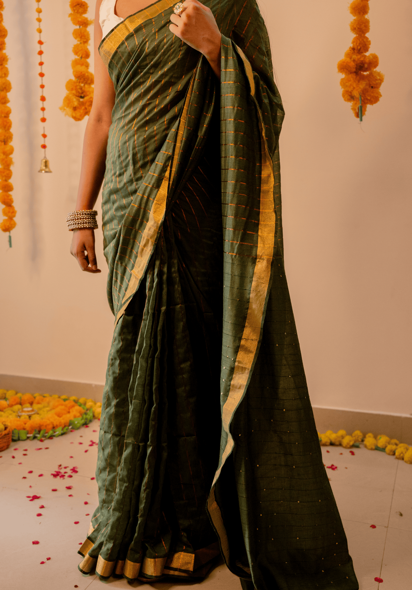 Mehendi Green Soft Cotton Sequins Saree With Zari Border