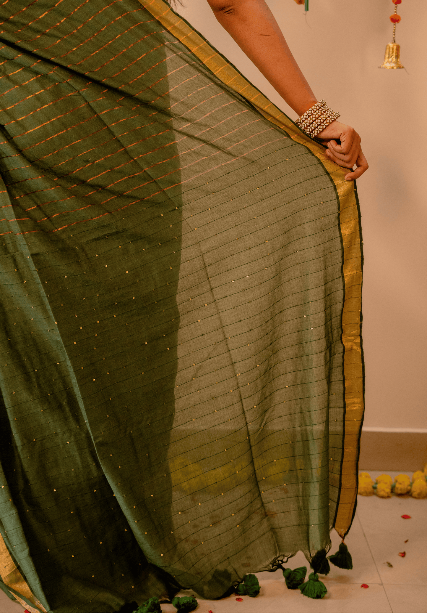Mehendi Green Soft Cotton Sequins Saree With Zari Border