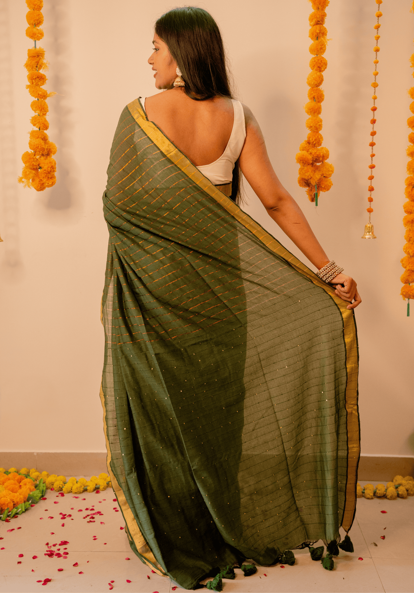 Mehendi Green Soft Cotton Sequins Saree With Zari Border