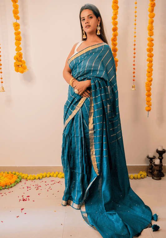 Teal Green Soft Cotton Sequins Saree With Zari Border