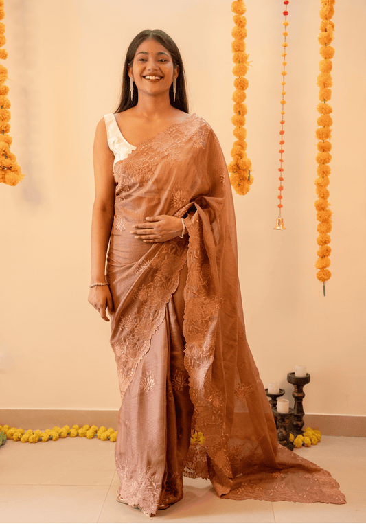 Mocha Brown Cutwork Kota Doria Saree