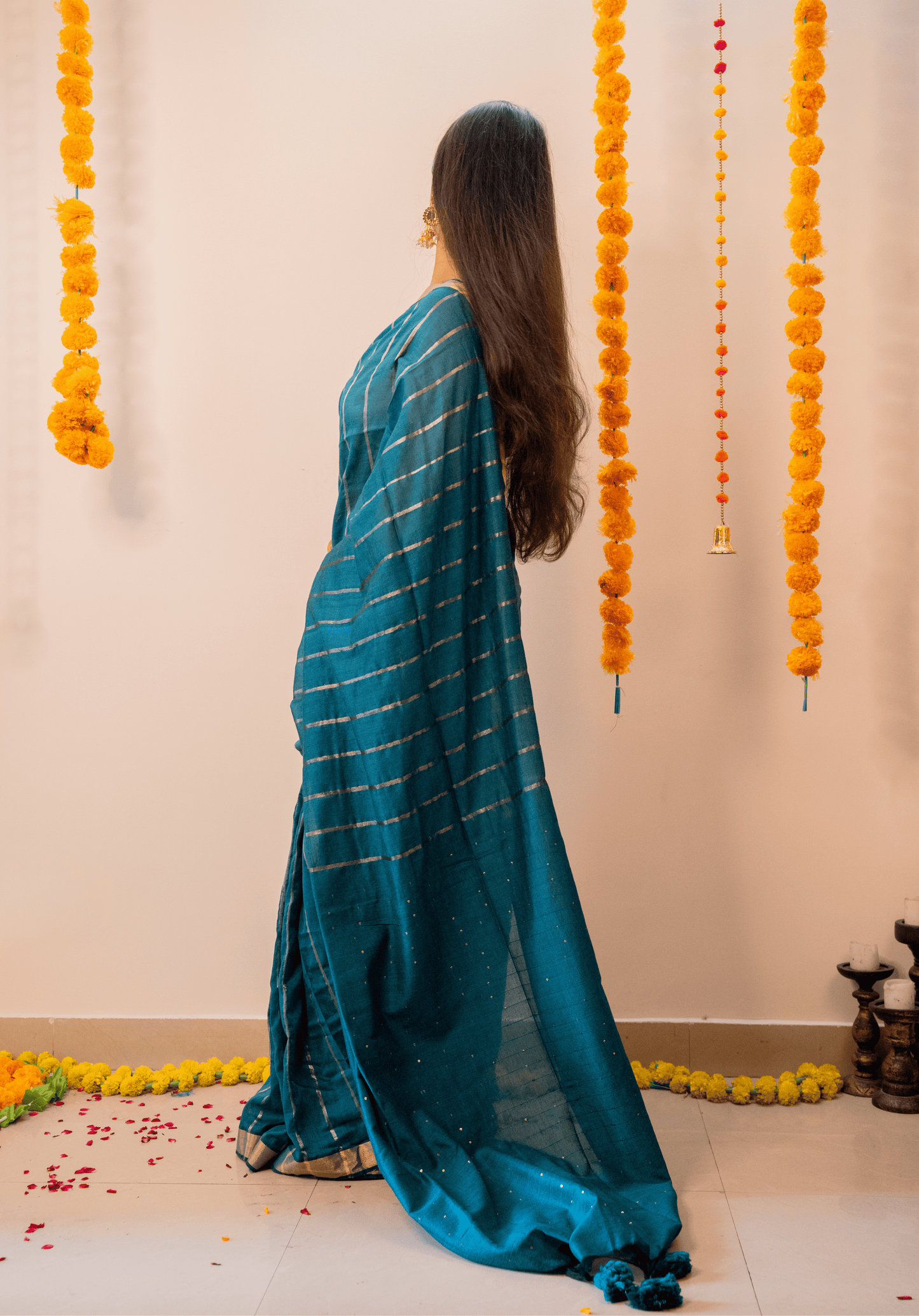 Teal Green Soft Cotton Sequins Saree With Zari Border