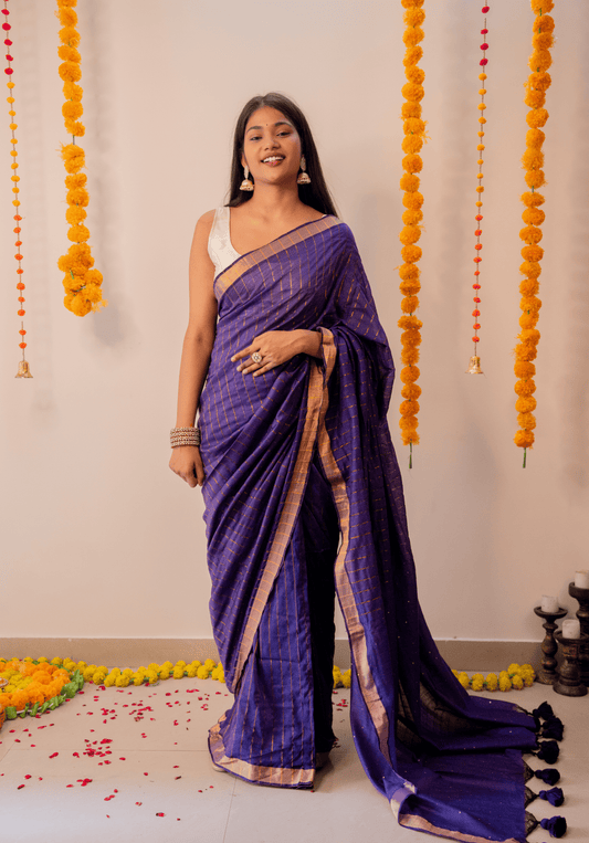 Purple Soft Cotton Sequins Saree With Zari Border
