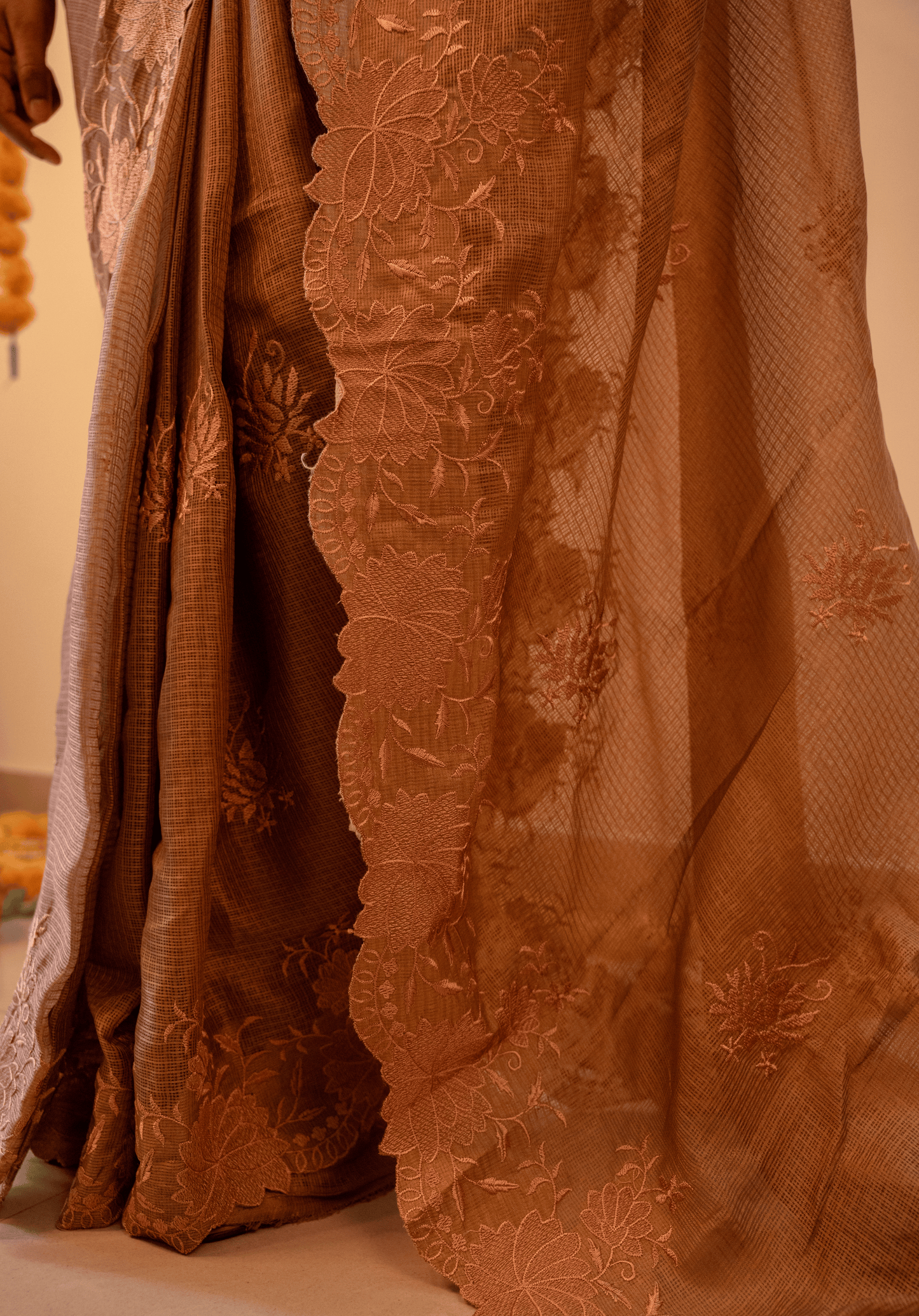 Mocha Brown Cutwork Kota Doria Saree