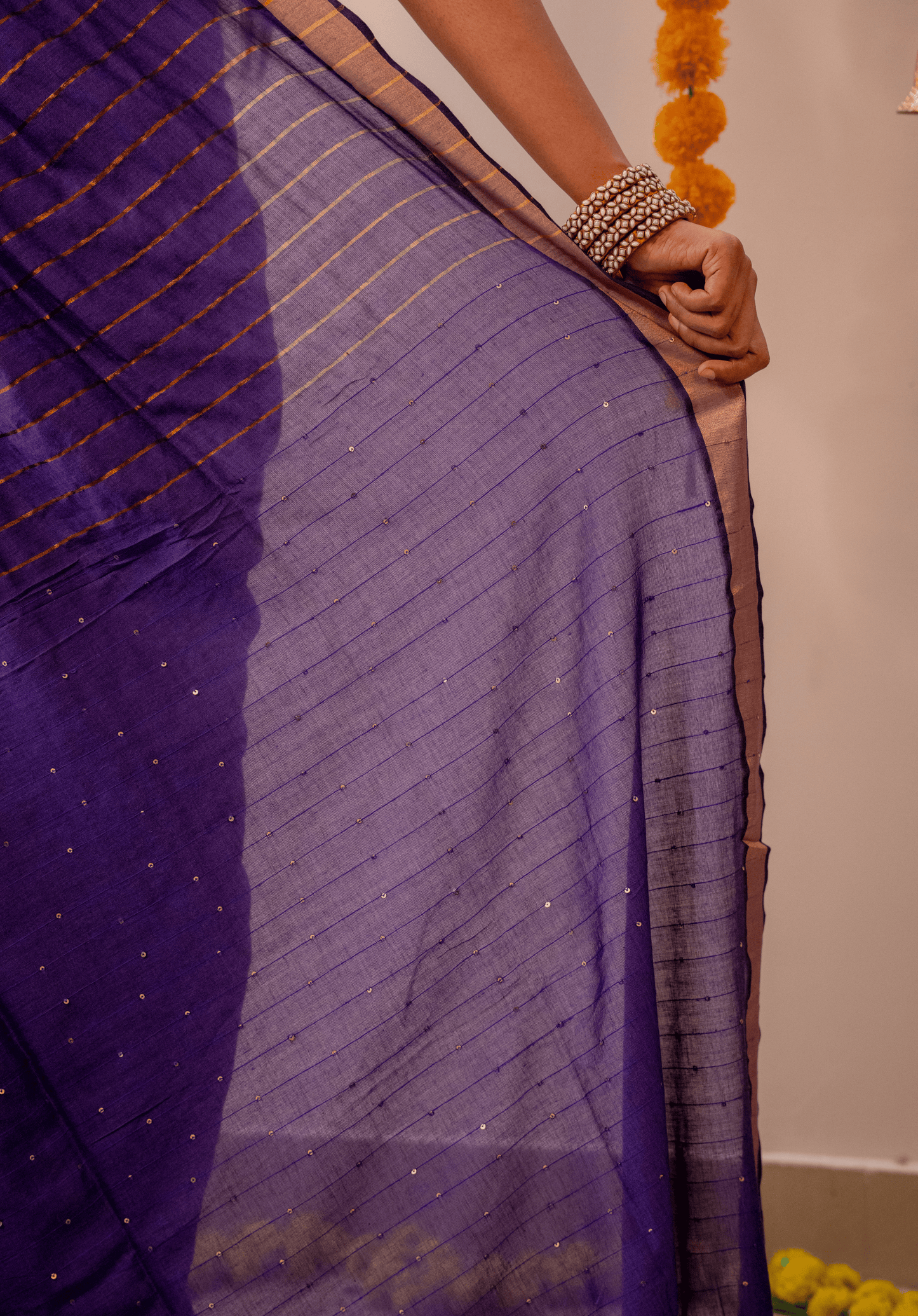 Purple Soft Cotton Sequins Saree With Zari Border