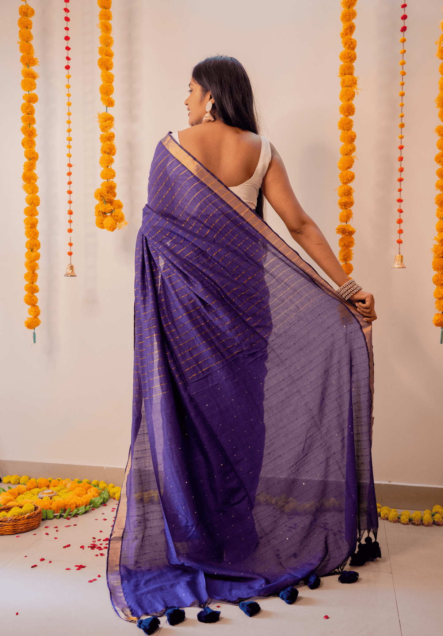 Purple Soft Cotton Sequins Saree With Zari Border